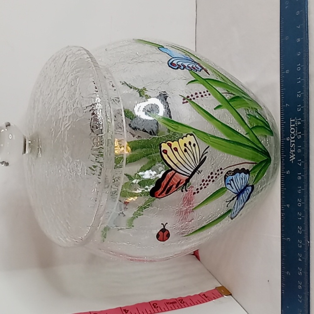 Vintage Clear Crackle Glass Cookie Jar With Hand Painted Butterflies Bugs Scene